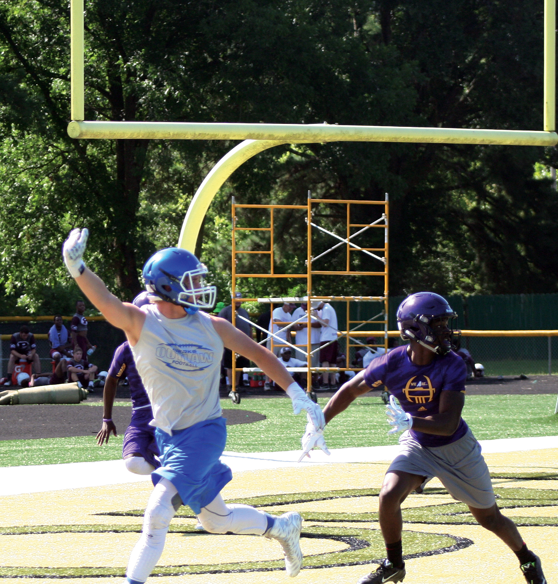A Dierks receiver working the end zone during 7-on-7 action at Mineral Springs.