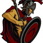 trojan-mascot-with-spear-and-shield, maroon and gray