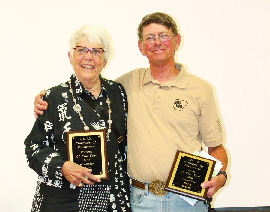 Dr. Mary Anne Shaw (left) and Kenn Greene (right) were chosen to be the 2016 Mount Ida Area Chamber of Commerce Woman of the Year and Man of the Year respectively. 