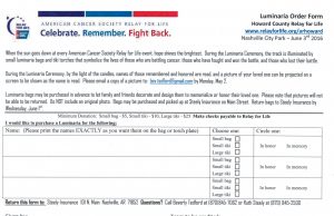 Howard County Relay for Life Luminaria Order Form