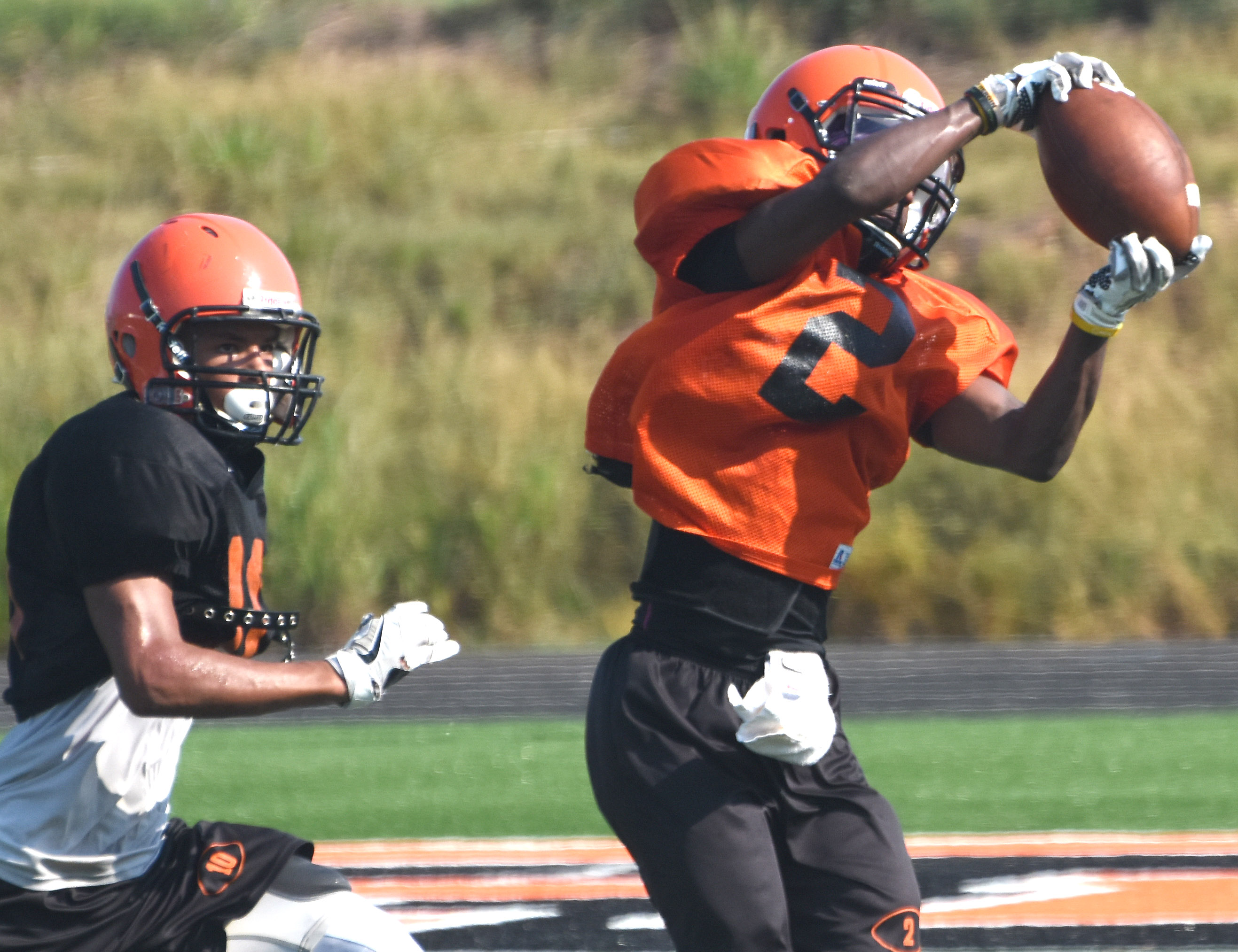 TK Hopkins makes the catch during the Scrapper scrimmage Friday morning.
