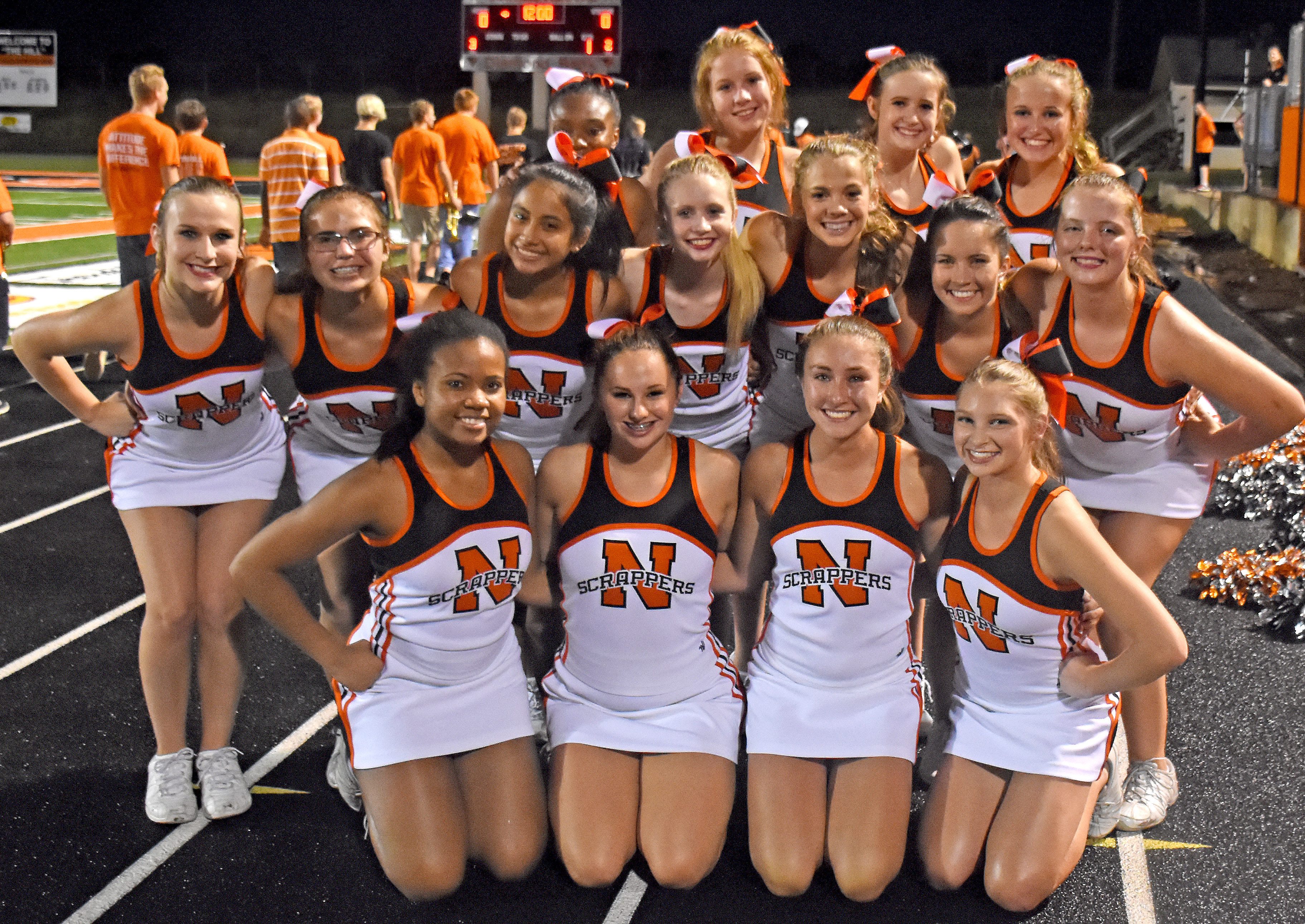 NHS cheerleaders: The squad includes (front row) seniors Asia Harris, Nicole Dodson, McKenzie Morphew, Chelsey Hile; (second row) juniors Lindsey O'Donnell, Jordan Revels, Monique Flores, Mackenzie Brown, Olivia Herzog, Leslie Lingo, Breanna Peebles; (back row) sophomores Steyanna Bailey, Cecily Sweeden, Hannah Faulkner, and Julianne Futrell.