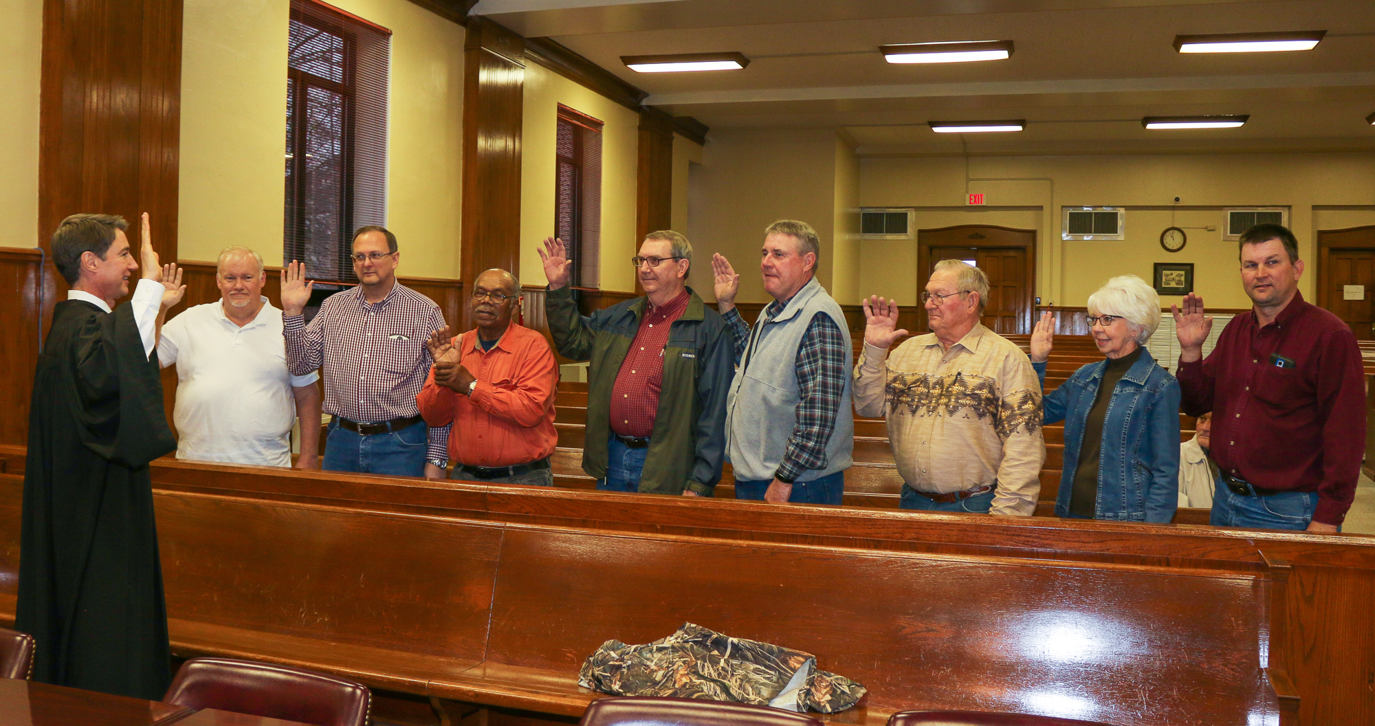 Justices of the Peace who were sworn in Jan. 2 by Judge Tom Cooper, at far left, included Jerry Harwell, Brent Pinkerton, Bobby Don Turner, Gary Welch, Kerry Strasner, Dick Wakefield, Janice Huffman and Kirk Bell. Welch and Bell are first-termers on the court.