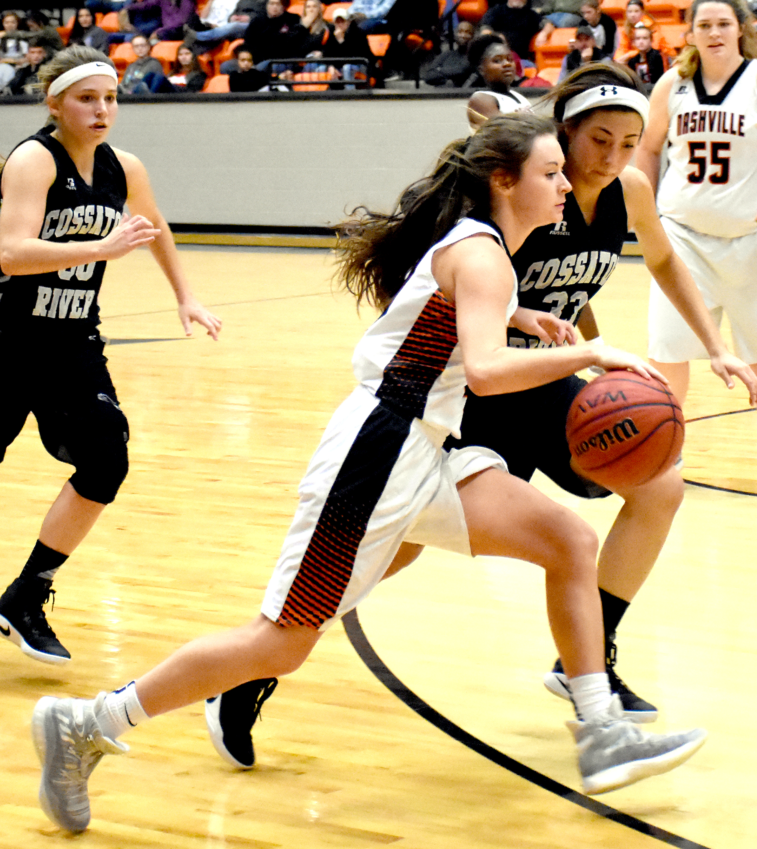 Kendall Kirchoff controls the ball for the Scrapperettes in their 54-52 overtime victory over Cossatot River Dec. 20 at Scrapper Arena. The Scrapperettes will return to the court this week at the Cossatot River Tournament. They will also host Genoa Friday night.